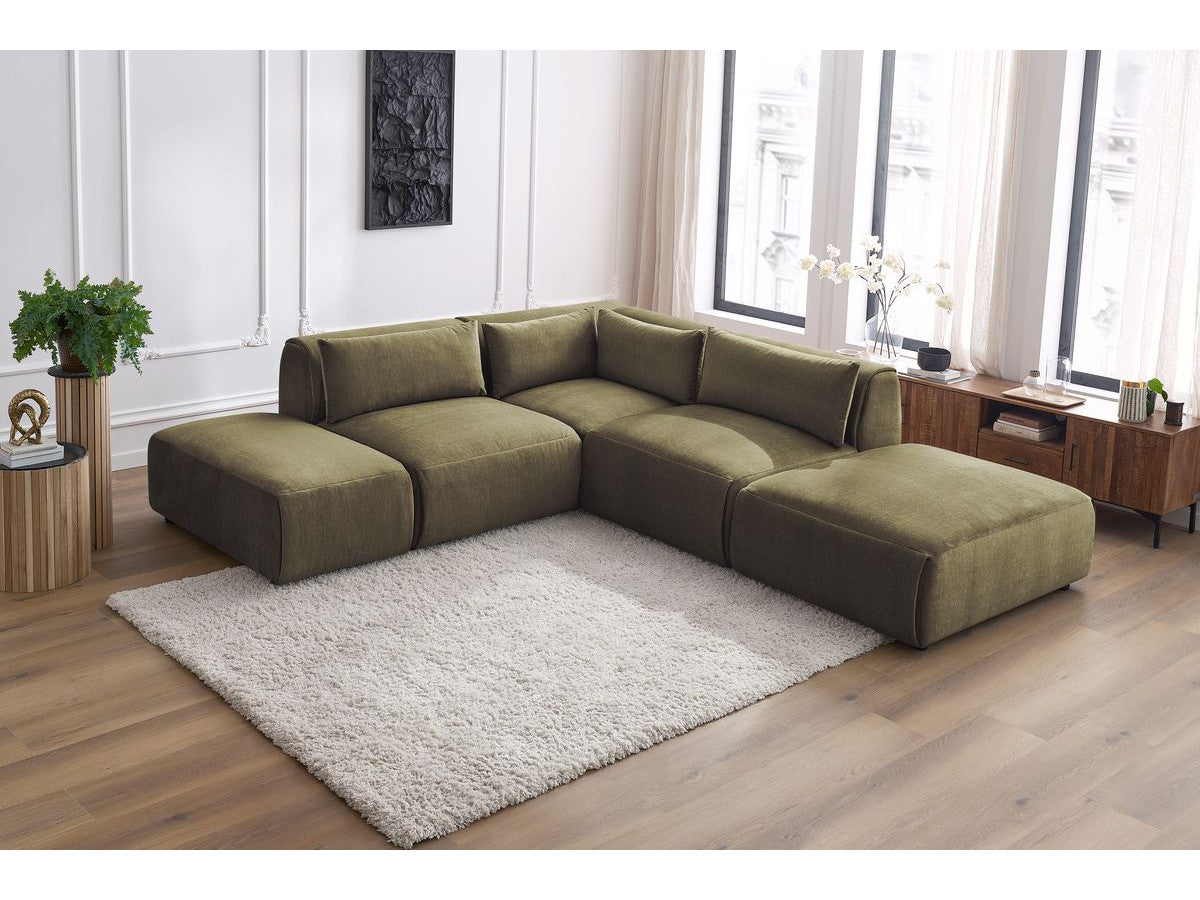 Canapé d'angle fixe modulable JEANNE tissu velours avec 2 chauffeuses, 1 angle et 2 poufs