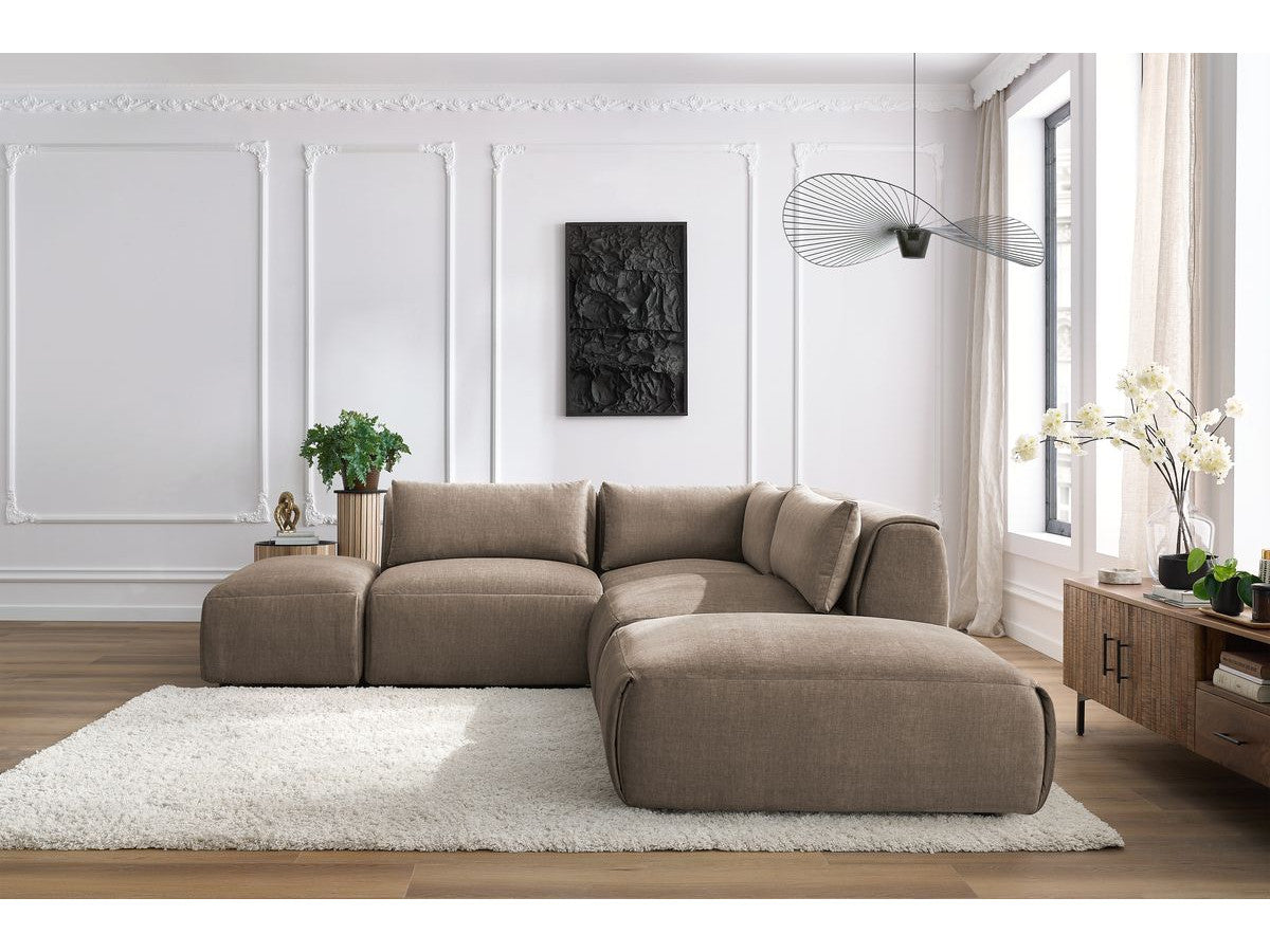 Canapé d'angle fixe modulable JEANNE tissu velours avec 2 chauffeuses, 1 angle et 2 poufs