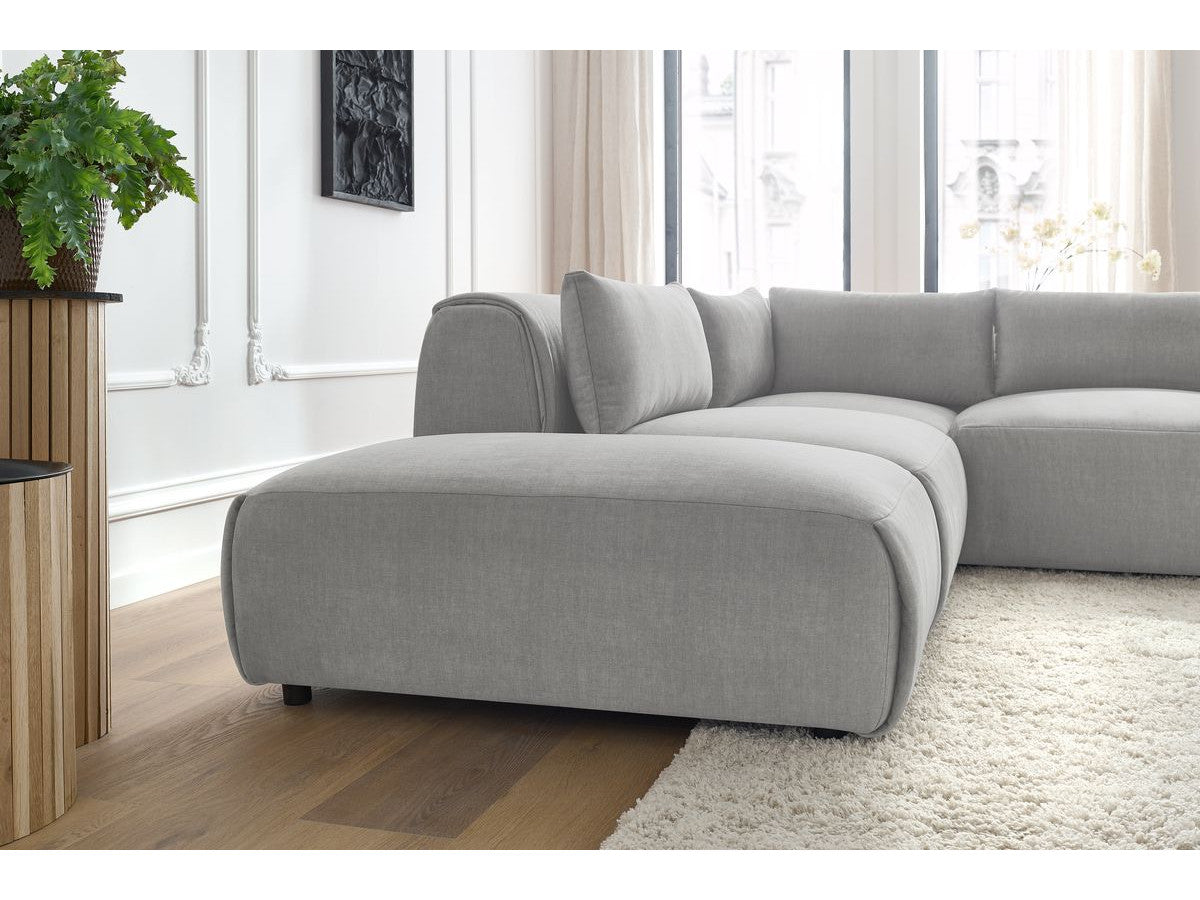 Canapé d'angle fixe modulable JEANNE tissu velours avec 2 chauffeuses, 1 angle et 2 poufs