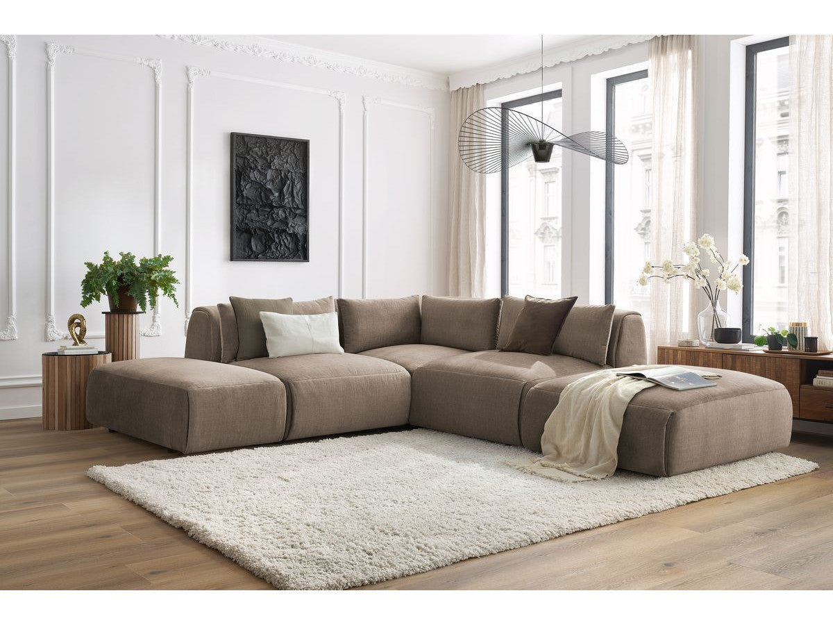 Canapé d'angle fixe modulable JEANNE tissu velours avec 2 chauffeuses, 1 angle et 2 poufs