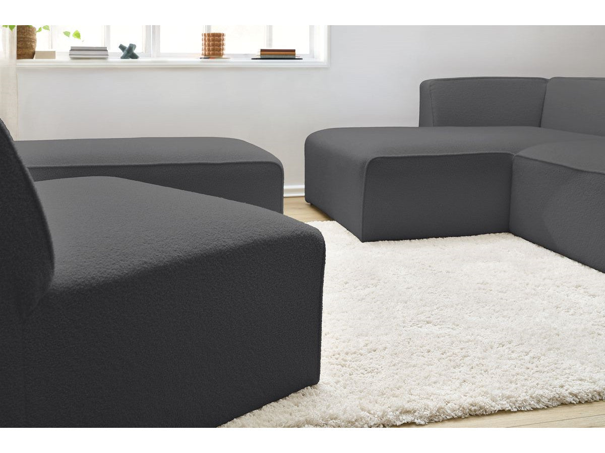Canapé d'angle fixe modulable MEGEVE tissu bouclette avec 1 chauffeuse et 1 pouf