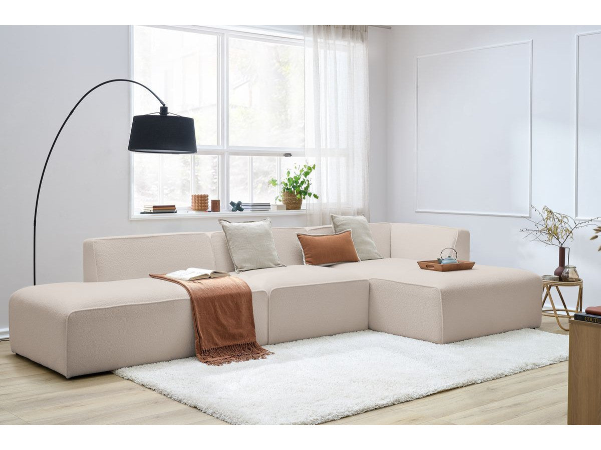 Canapé d'angle fixe modulable MEGEVE tissu bouclette avec 1 chauffeuse et 1 pouf