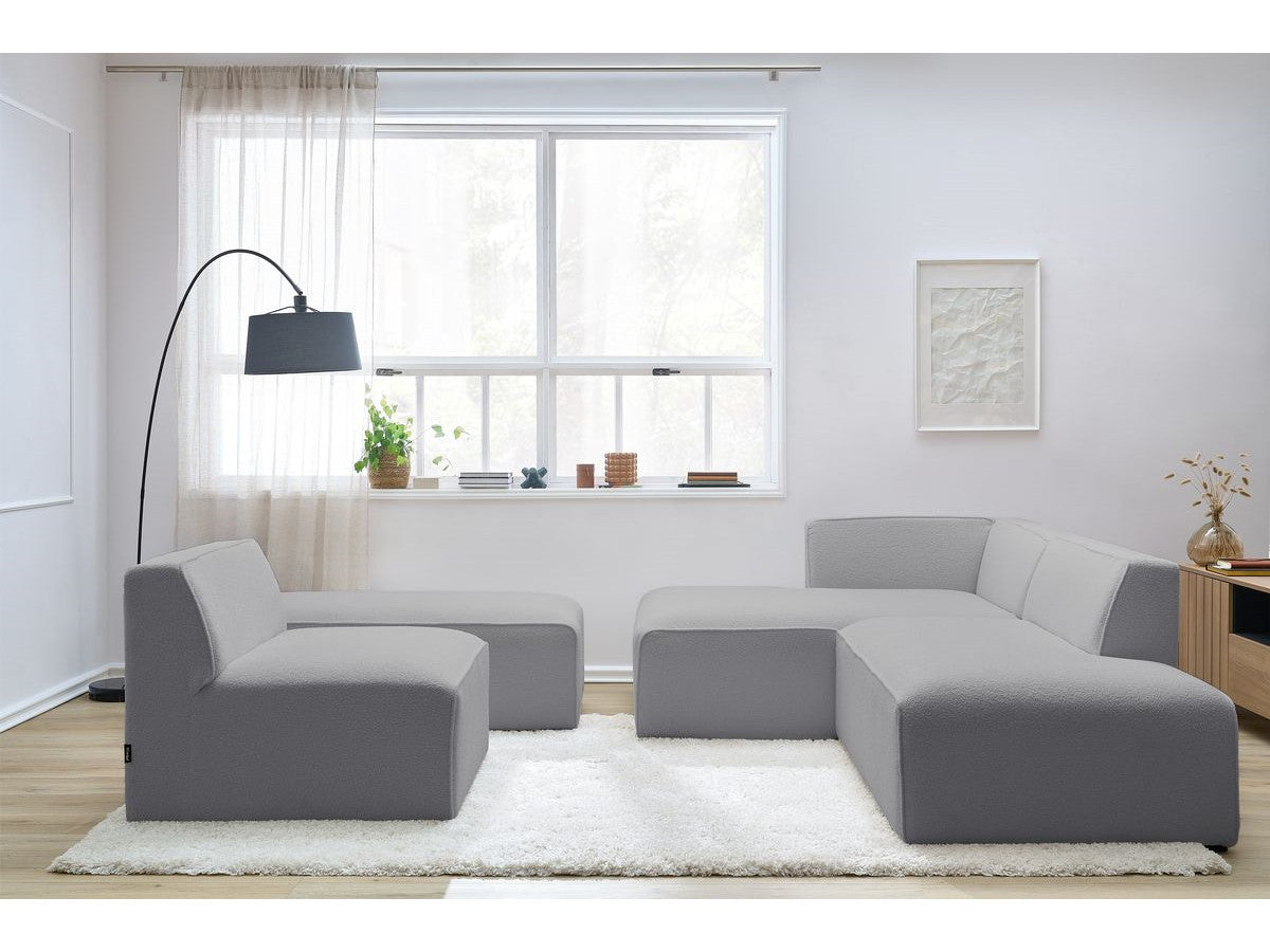 Canapé d'angle fixe modulable MEGEVE tissu bouclette avec 1 chauffeuse et 1 pouf