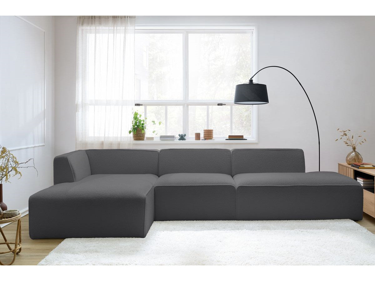 Canapé d'angle fixe modulable MEGEVE tissu bouclette avec 1 chauffeuse et 1 pouf