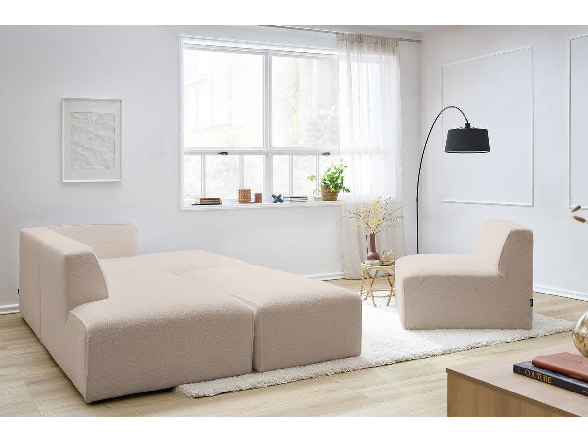Canapé d'angle fixe modulable MEGEVE tissu bouclette avec 1 chauffeuse et 1 pouf