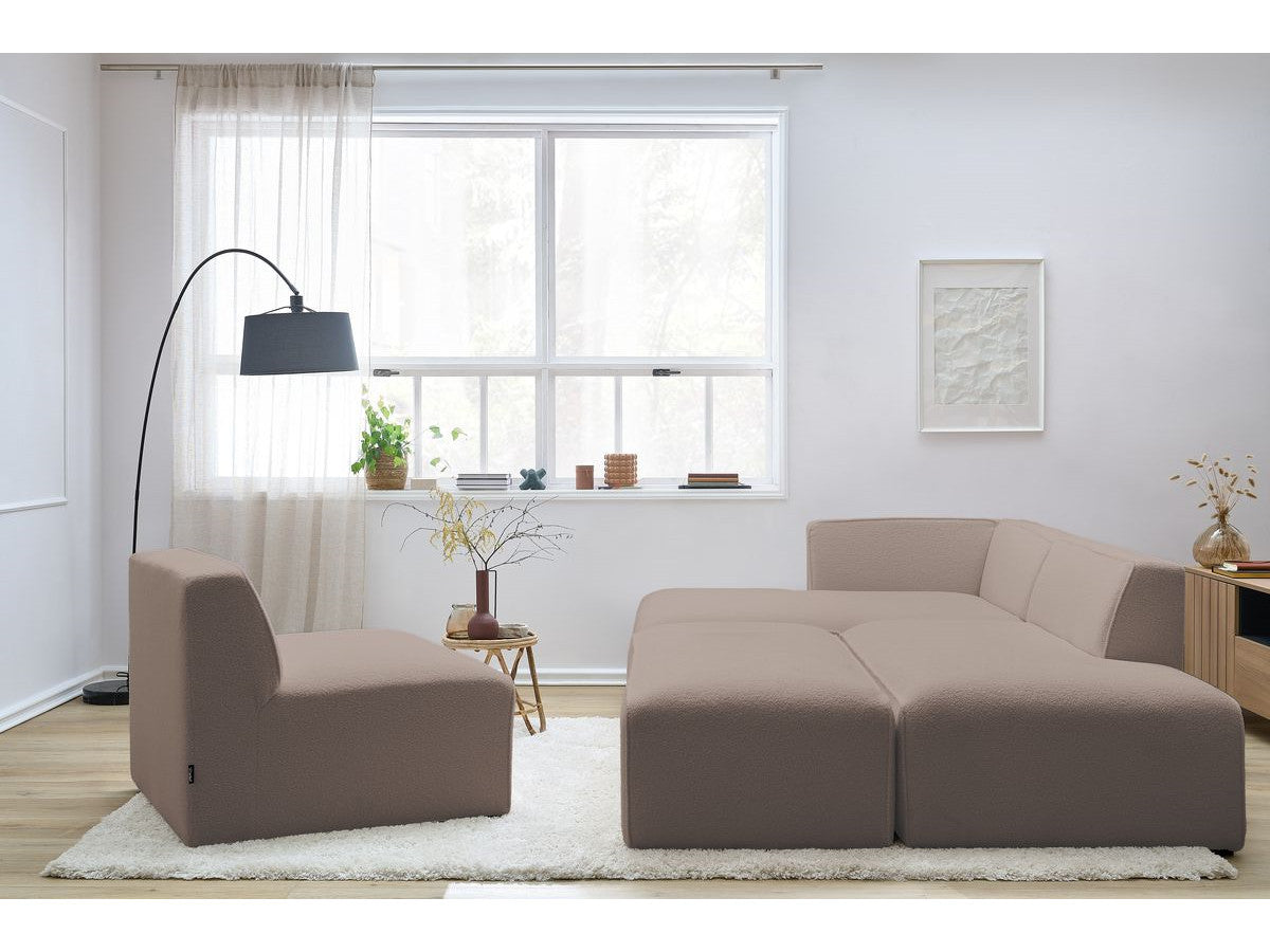 Canapé d'angle fixe modulable MEGEVE tissu bouclette avec 1 chauffeuse et 1 pouf