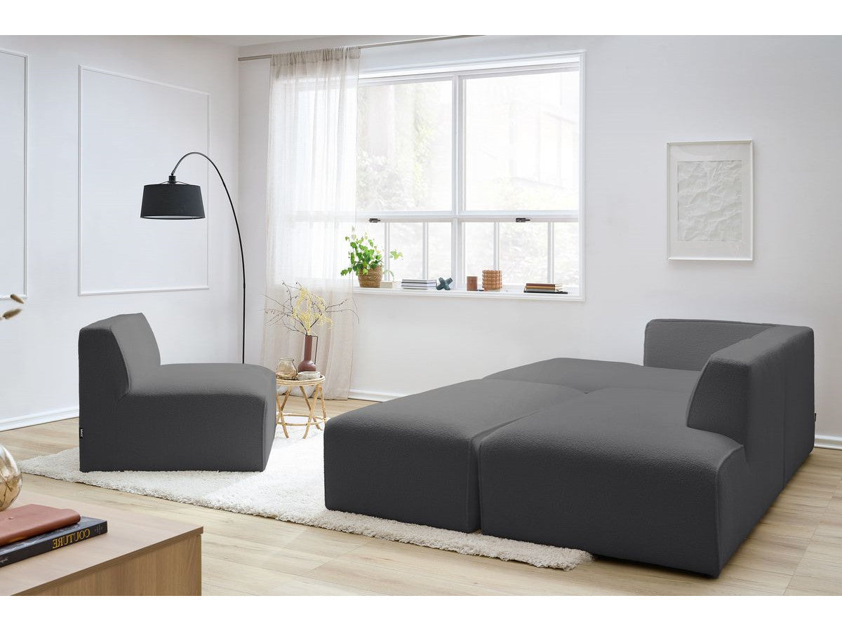 Canapé d'angle fixe modulable MEGEVE tissu bouclette avec 1 chauffeuse et 1 pouf