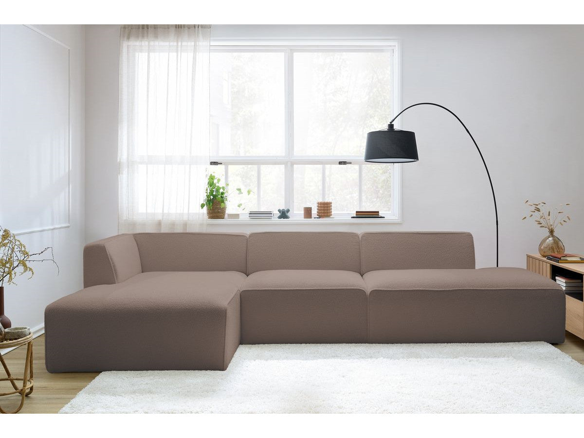 Canapé d'angle fixe modulable MEGEVE tissu bouclette avec 1 chauffeuse et 1 pouf