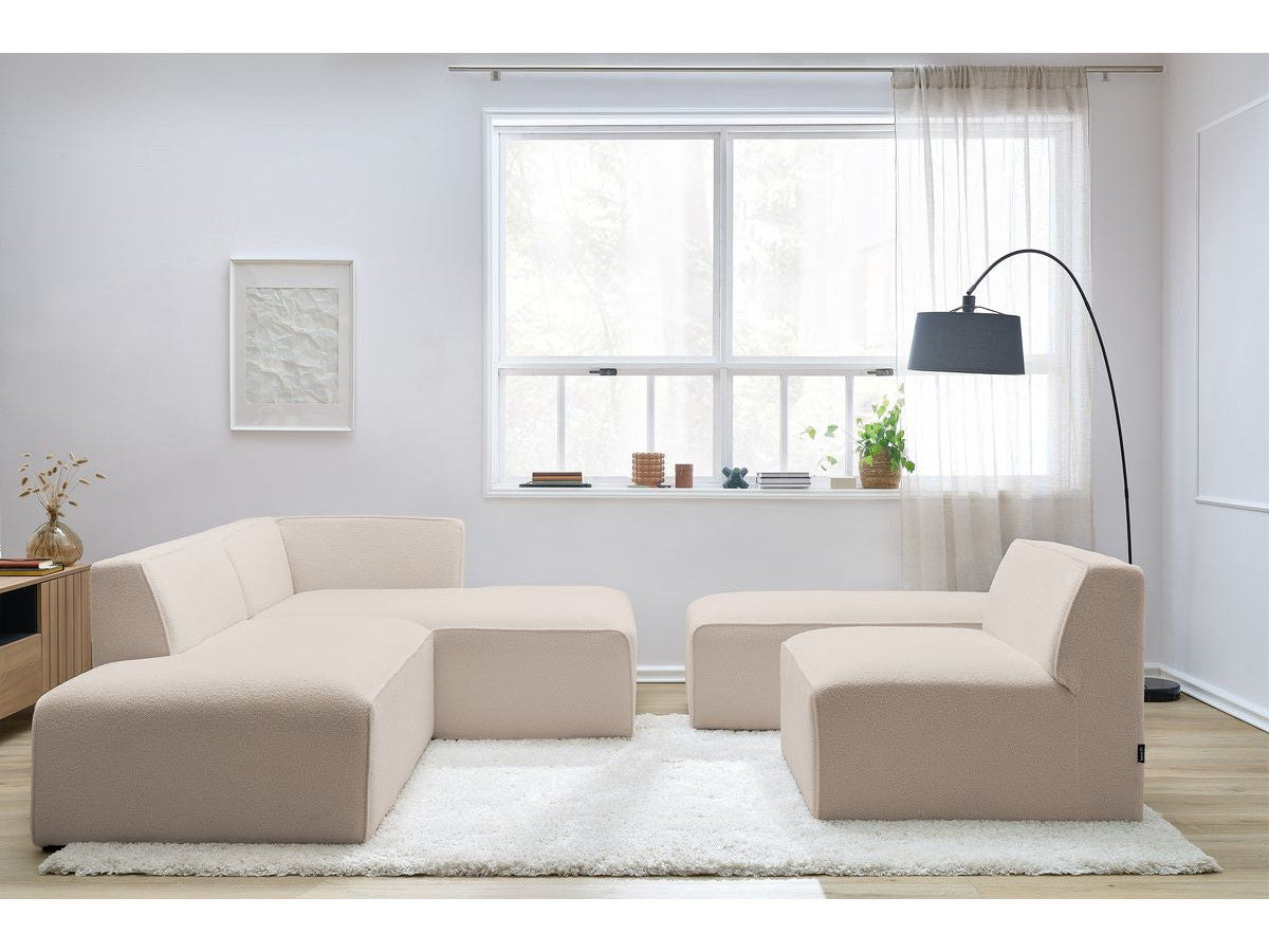 Canapé d'angle fixe modulable MEGEVE tissu bouclette avec 1 chauffeuse et 1 pouf