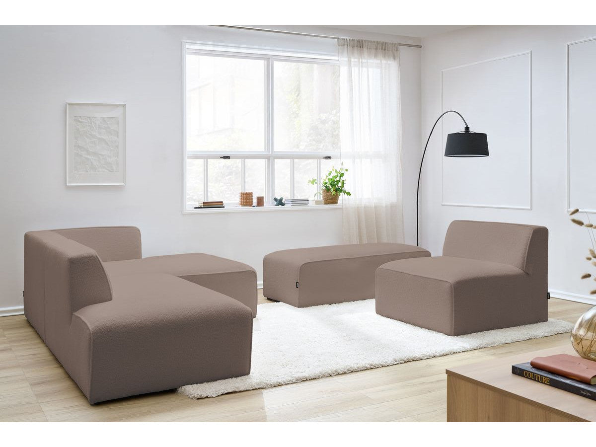 Canapé d'angle fixe modulable MEGEVE tissu bouclette avec 1 chauffeuse et 1 pouf