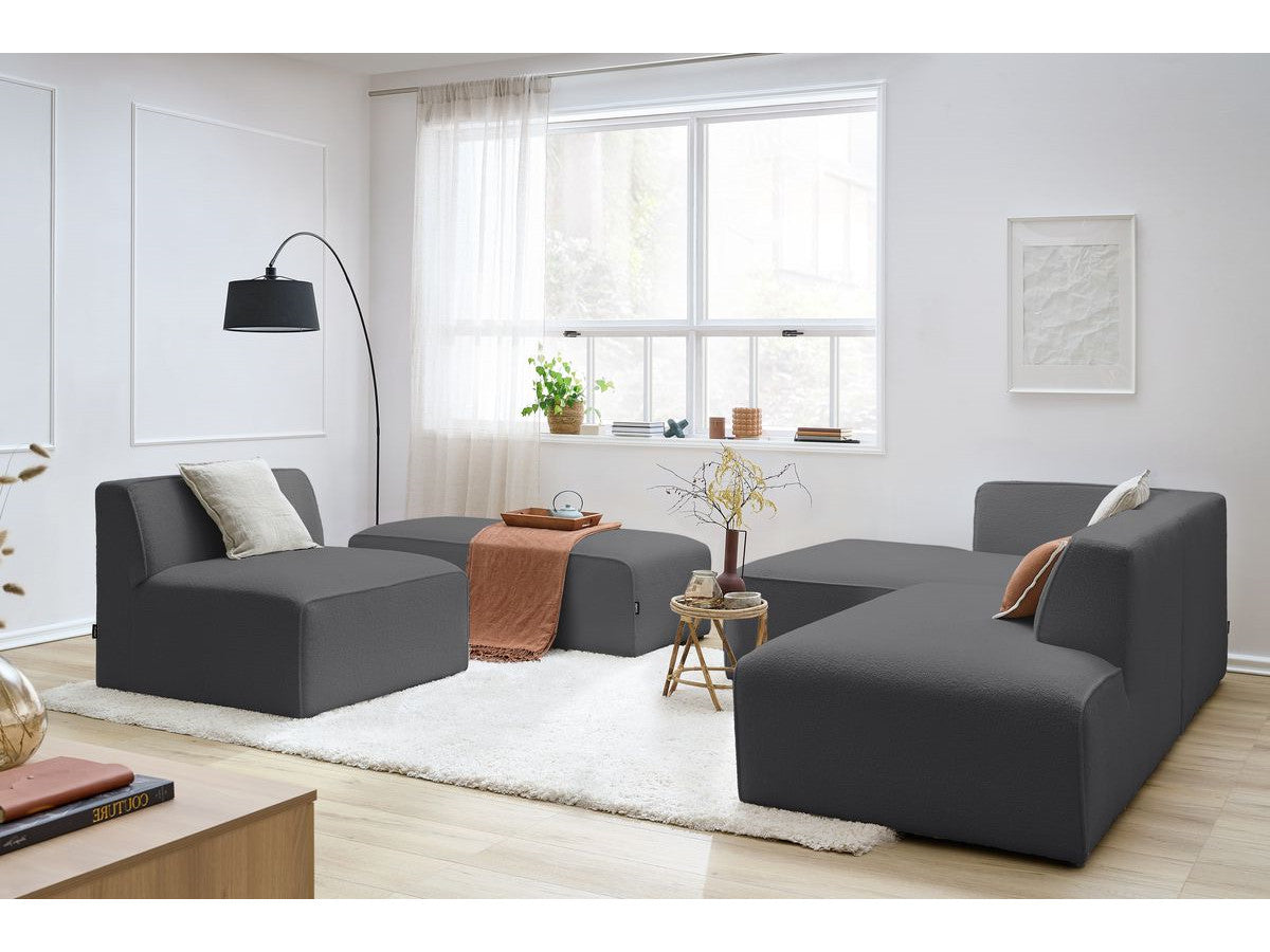 Canapé d'angle fixe modulable MEGEVE tissu bouclette avec 1 chauffeuse et 1 pouf