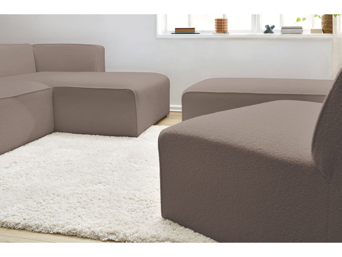 Canapé d'angle fixe modulable MEGEVE tissu bouclette avec 1 chauffeuse et 1 pouf
