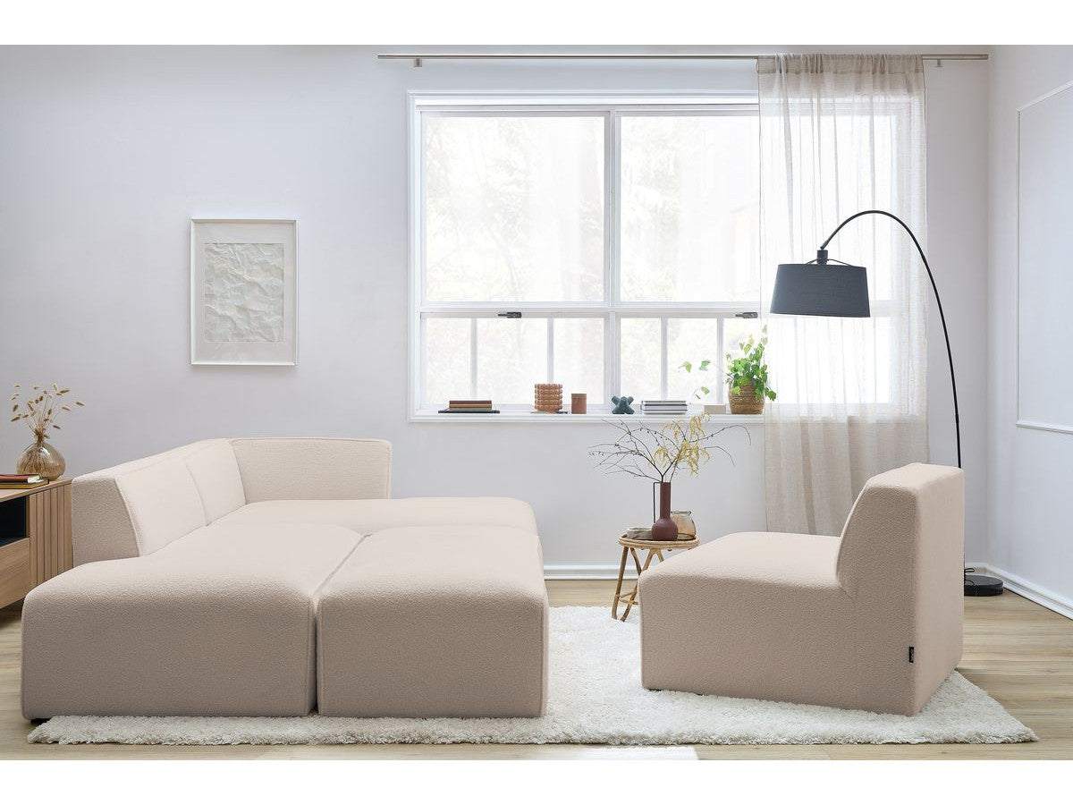 Canapé d'angle fixe modulable MEGEVE tissu bouclette avec 1 chauffeuse et 1 pouf