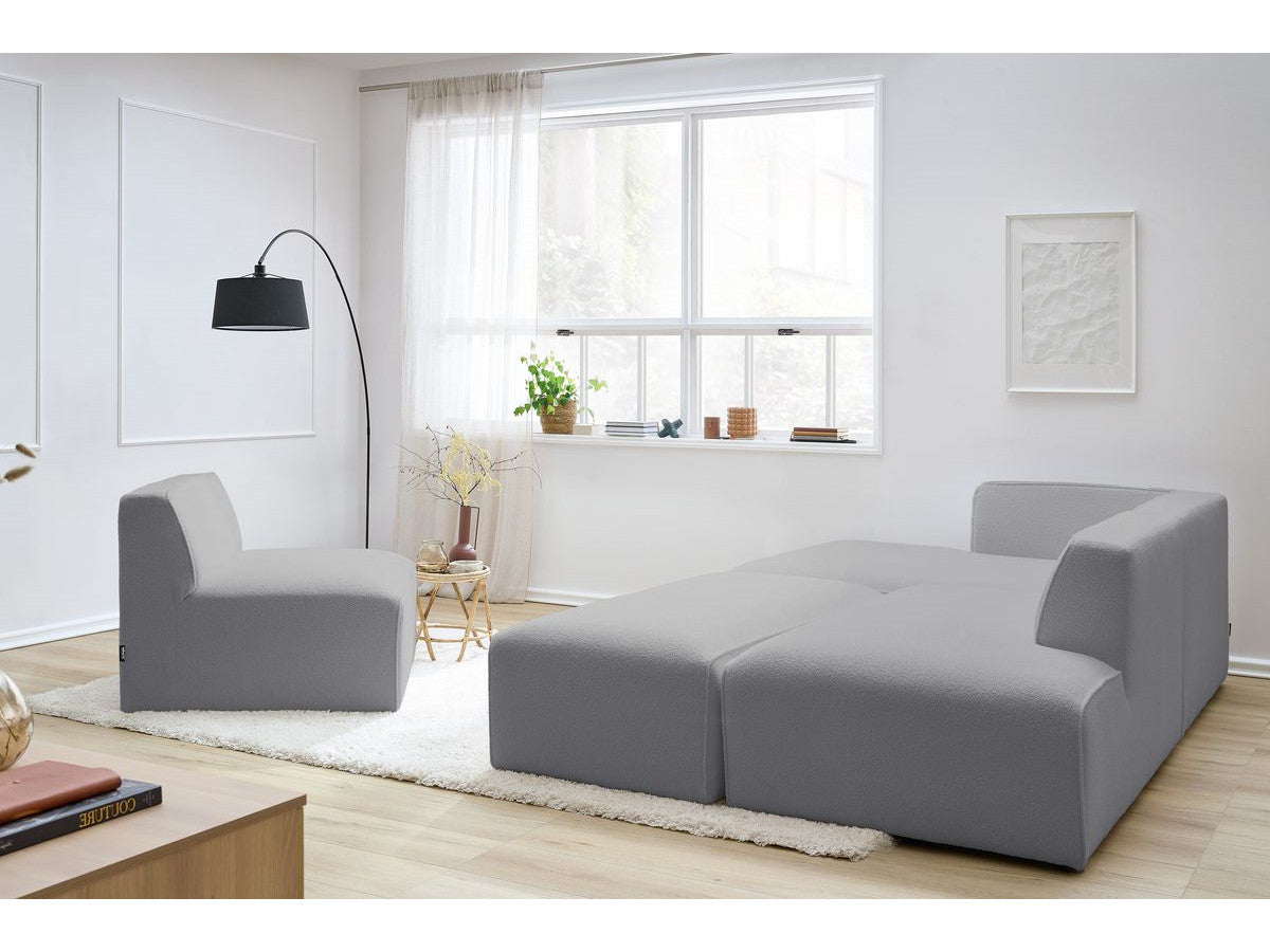 Canapé d'angle fixe modulable MEGEVE tissu bouclette avec 1 chauffeuse et 1 pouf