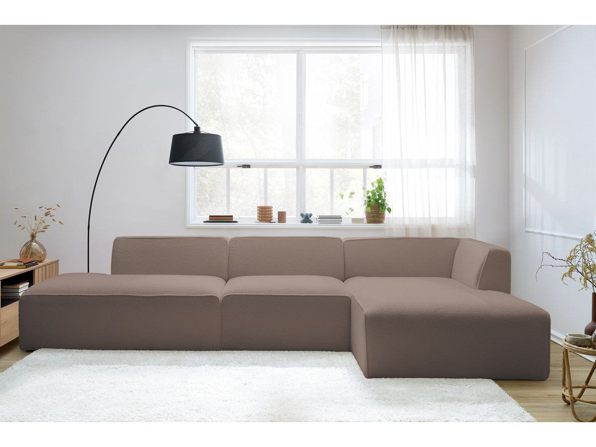 Canapé d'angle fixe modulable MEGEVE tissu bouclette avec 1 chauffeuse et 1 pouf