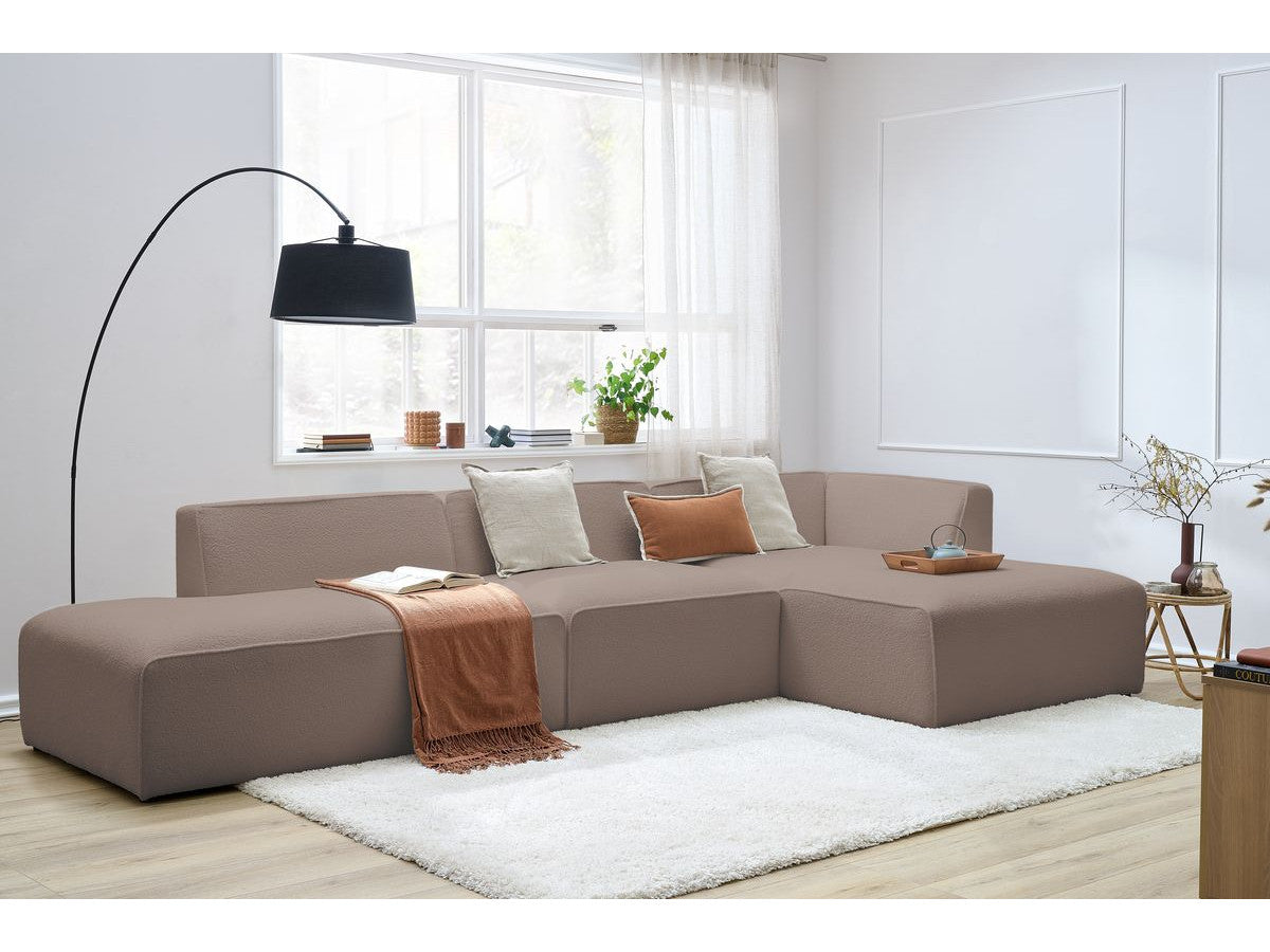Canapé d'angle fixe modulable MEGEVE tissu bouclette avec 1 chauffeuse et 1 pouf