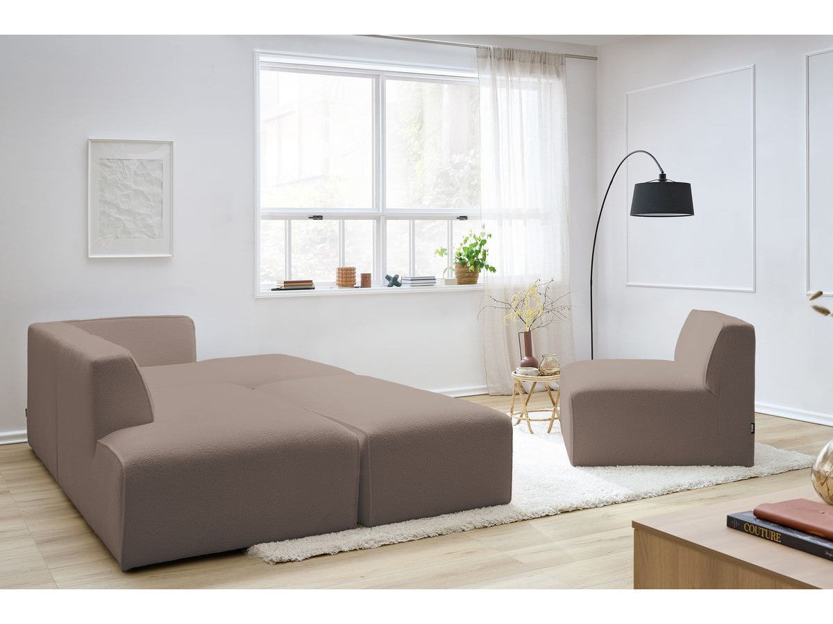 Canapé d'angle fixe modulable MEGEVE tissu bouclette avec 1 chauffeuse et 1 pouf