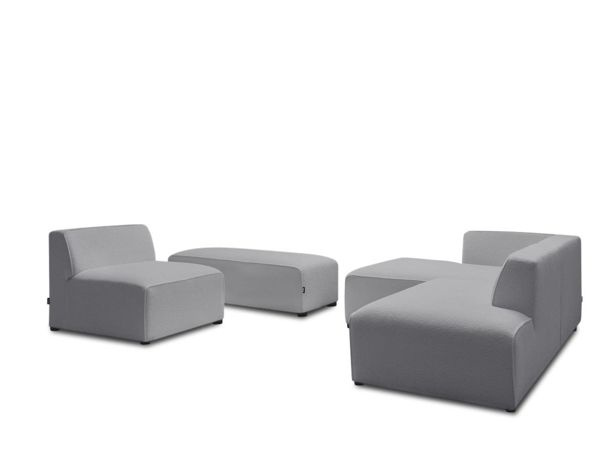 Canapé d'angle fixe modulable MEGEVE tissu bouclette avec 1 chauffeuse et 1 pouf
