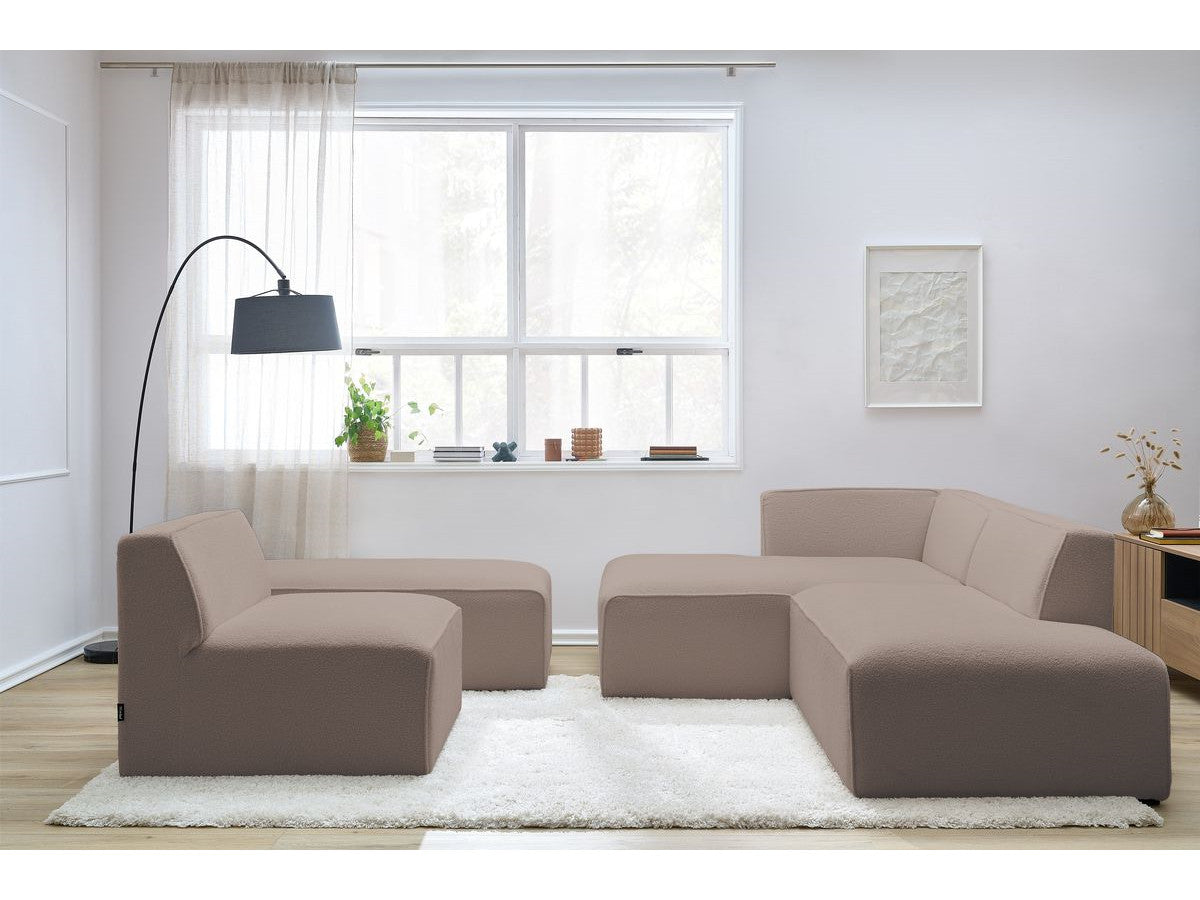 Canapé d'angle fixe modulable MEGEVE tissu bouclette avec 1 chauffeuse et 1 pouf