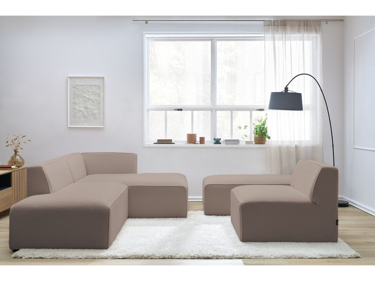 Canapé d'angle fixe modulable MEGEVE tissu bouclette avec 1 chauffeuse et 1 pouf
