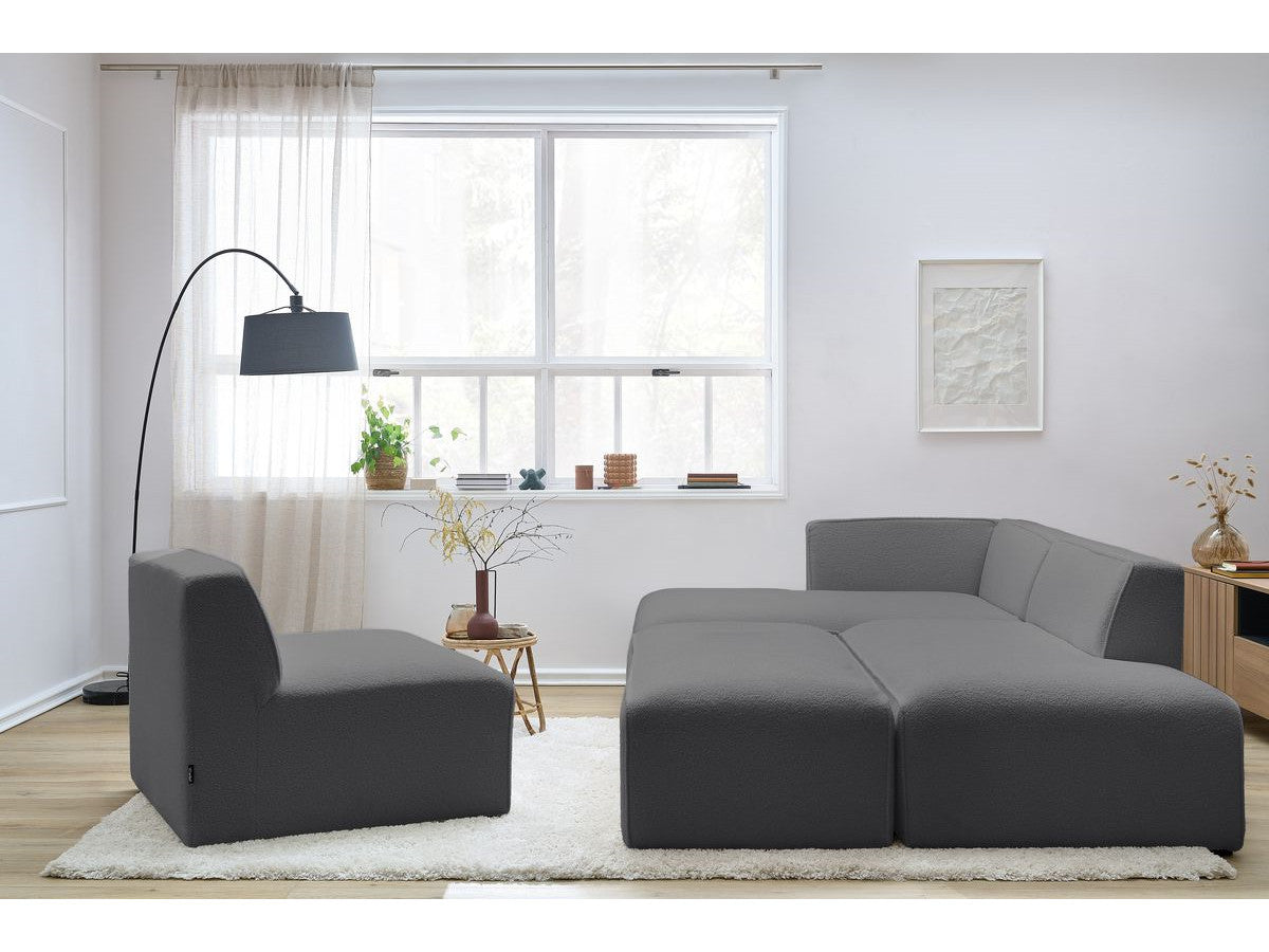 Canapé d'angle fixe modulable MEGEVE tissu bouclette avec 1 chauffeuse et 1 pouf