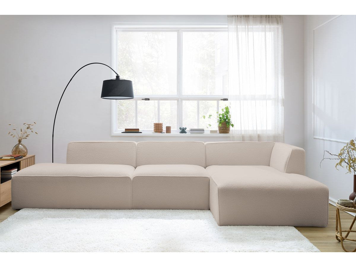 Canapé d'angle fixe modulable MEGEVE tissu bouclette avec 1 chauffeuse et 1 pouf