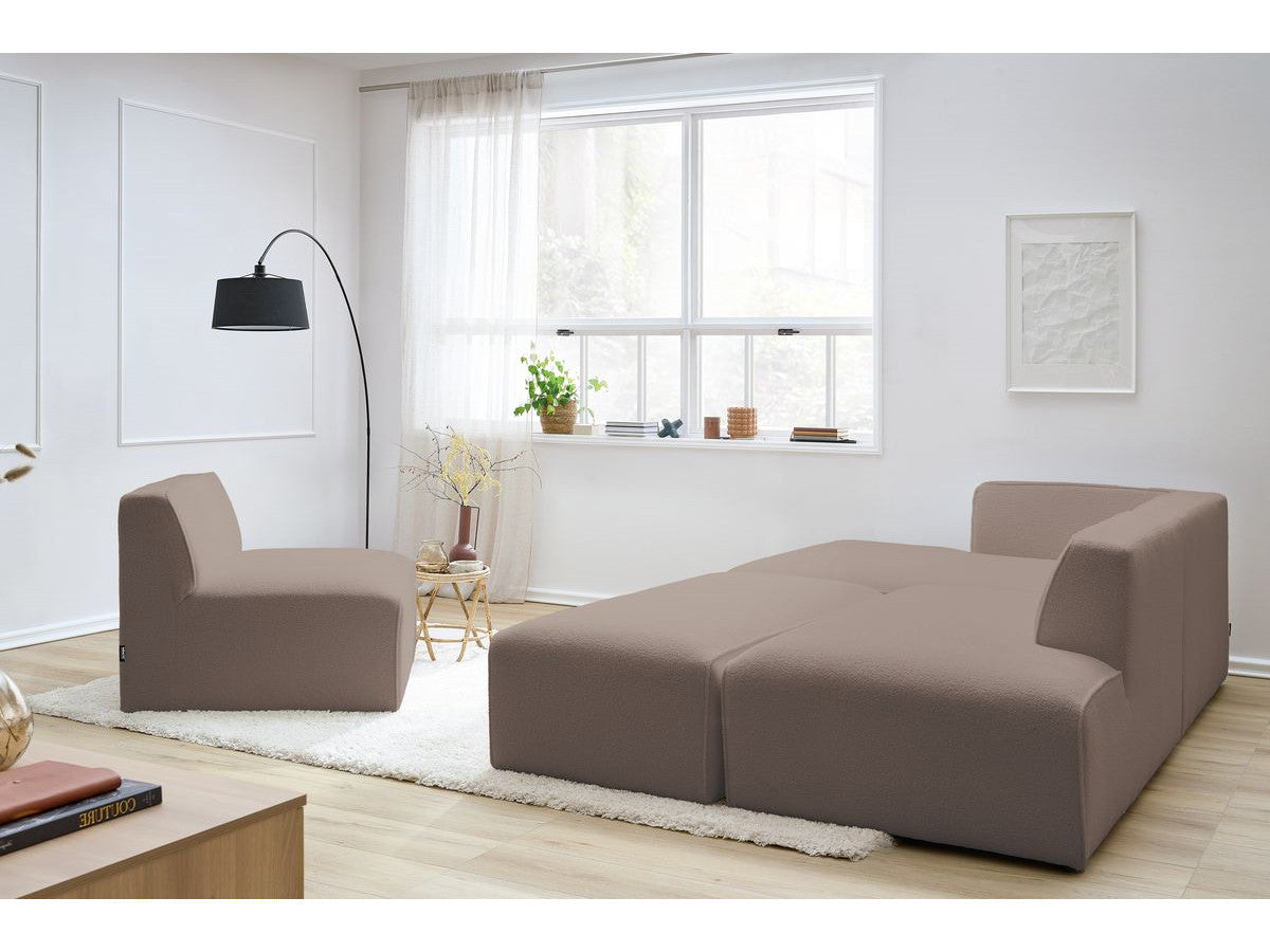 Canapé d'angle fixe modulable MEGEVE tissu bouclette avec 1 chauffeuse et 1 pouf