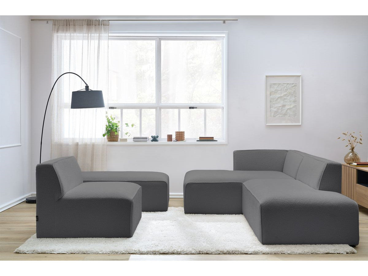 Canapé d'angle fixe modulable MEGEVE tissu bouclette avec 1 chauffeuse et 1 pouf