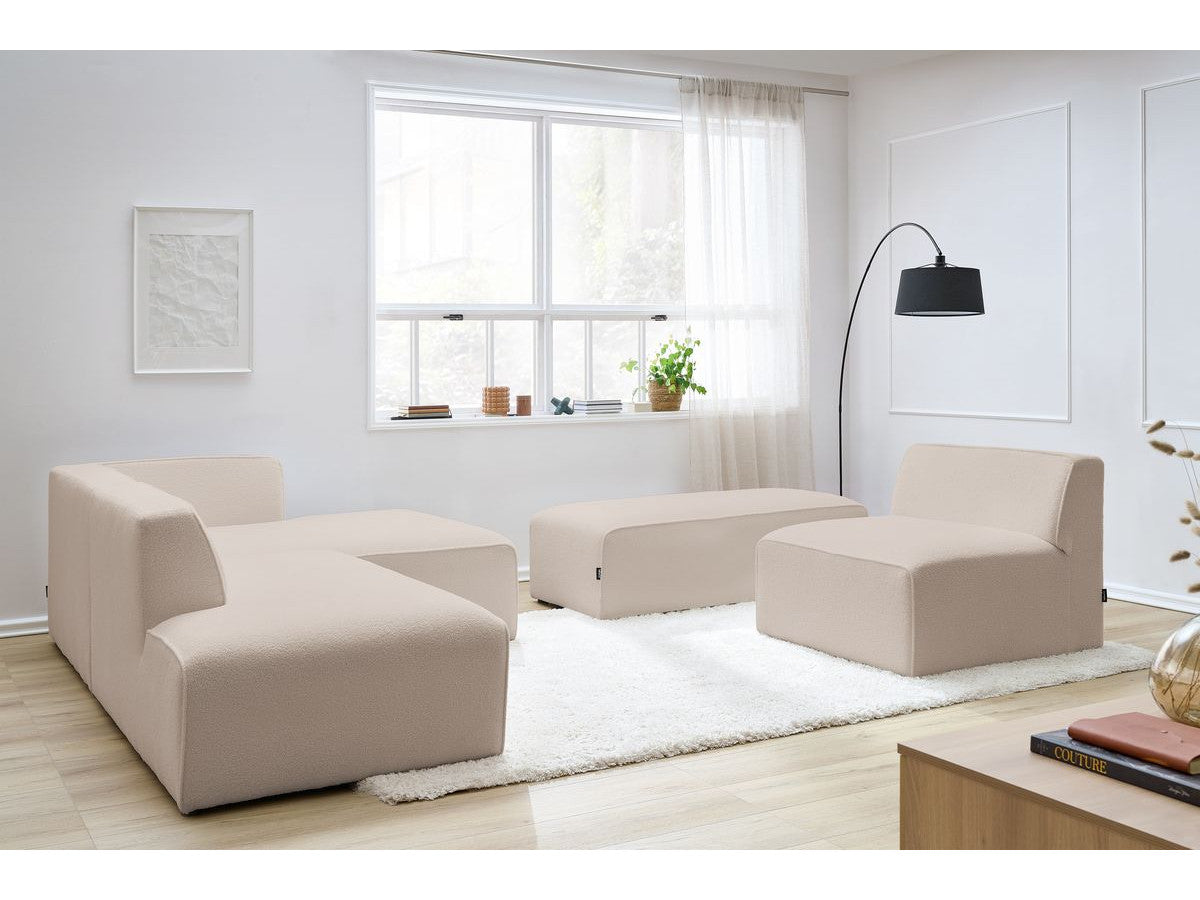 Canapé d'angle fixe modulable MEGEVE tissu bouclette avec 1 chauffeuse et 1 pouf