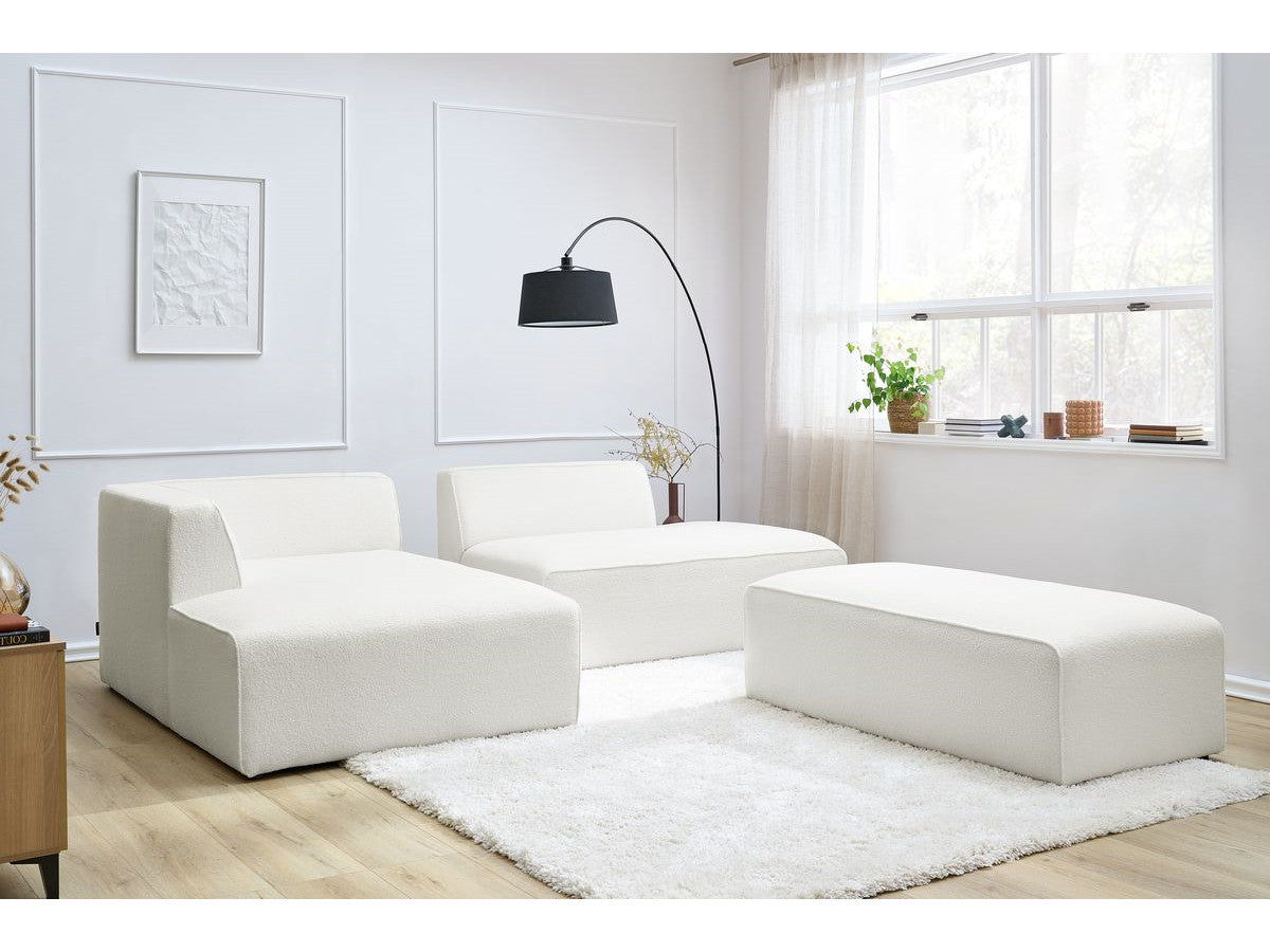Canapé d'angle fixe modulable MEGEVE tissu bouclette avec pouf