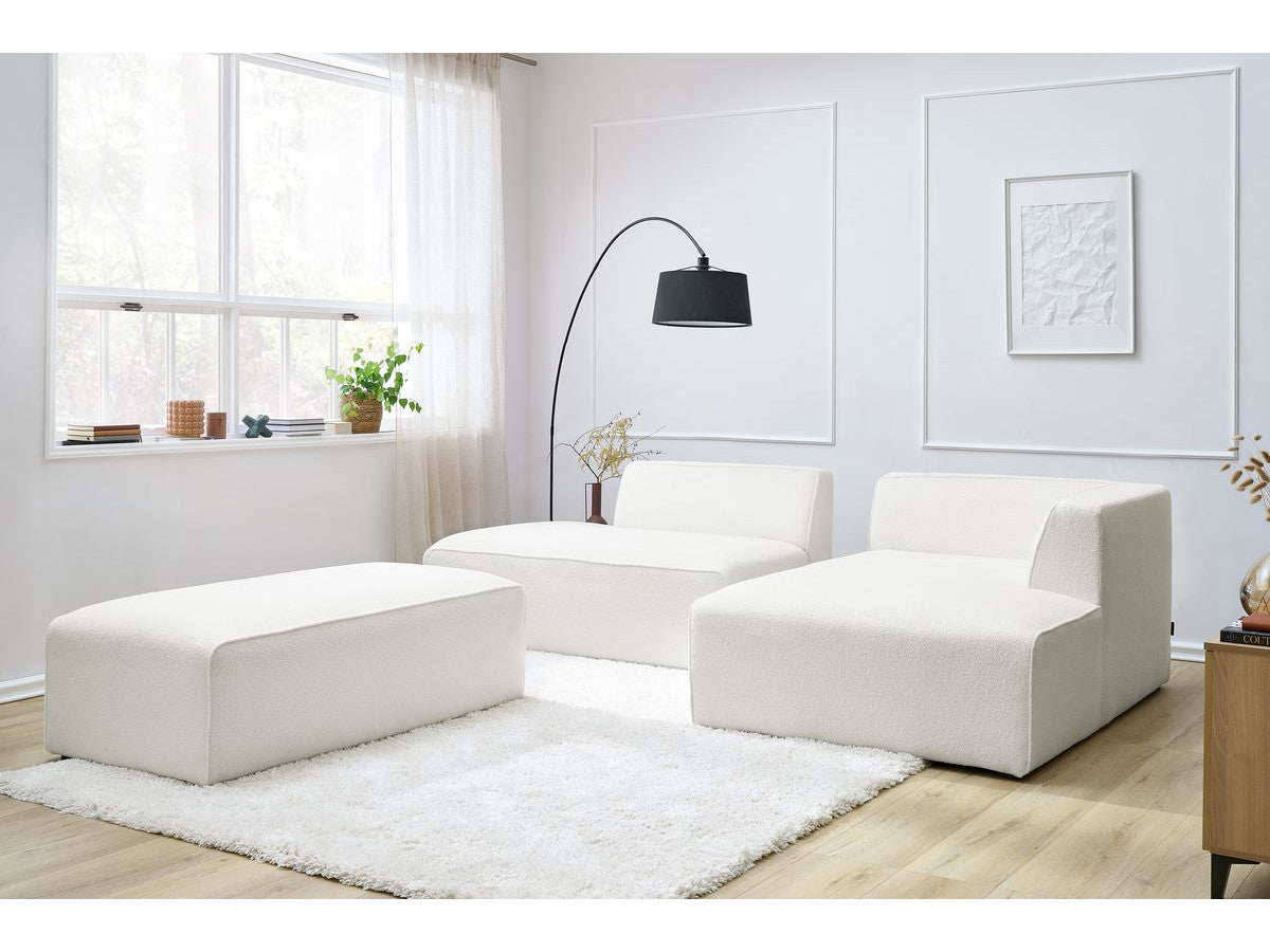 Canapé d'angle fixe modulable MEGEVE tissu bouclette avec pouf