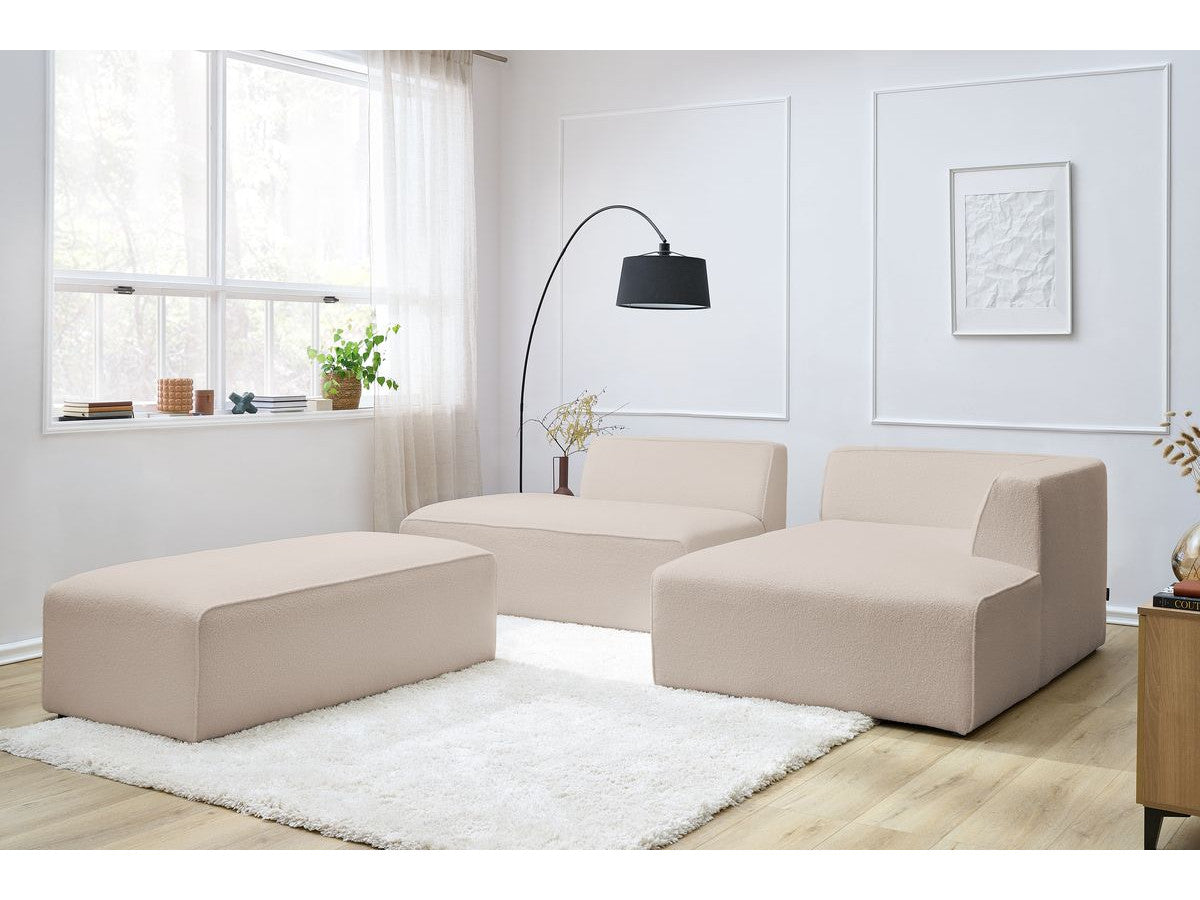 Canapé d'angle fixe modulable MEGEVE tissu bouclette avec pouf
