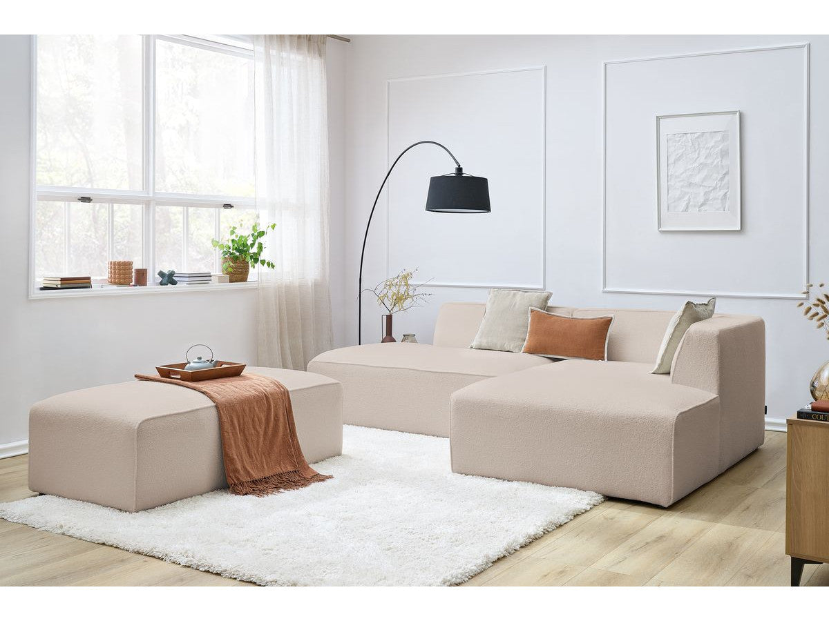 Canapé d'angle fixe modulable MEGEVE tissu bouclette avec pouf