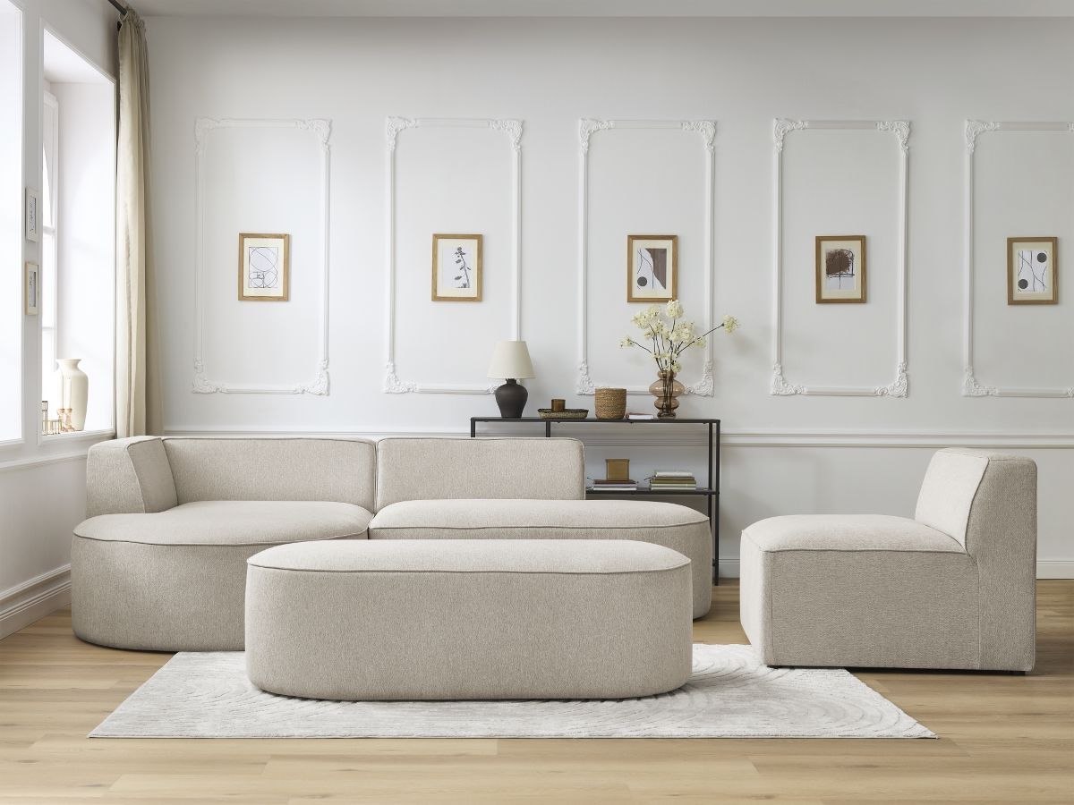 Canapé d'angle fixe modulable ROUSSEAU tissu chiné avec 1 chauffeuse et 1 pouf