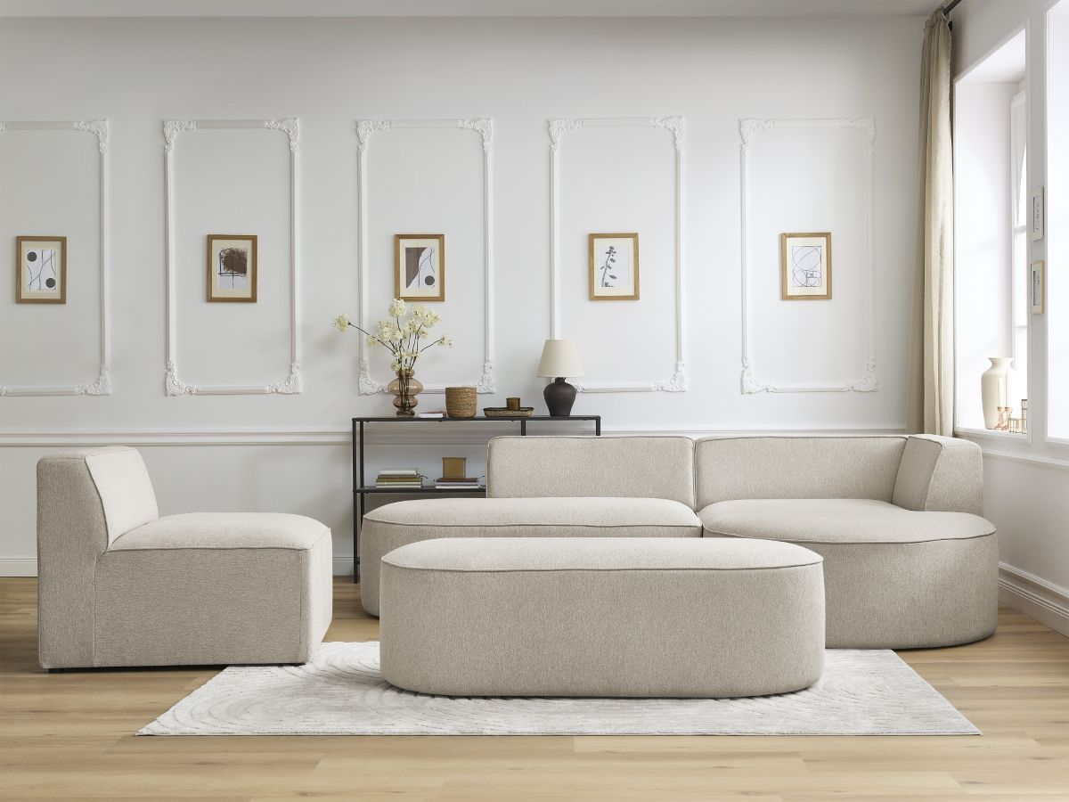 Canapé d'angle fixe modulable ROUSSEAU tissu chiné avec 1 chauffeuse et 1 pouf