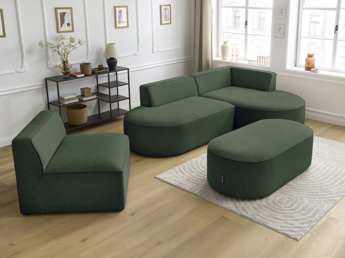 Canapé d'angle fixe modulable ROUSSEAU tissu chiné avec 1 chauffeuse et 1 pouf