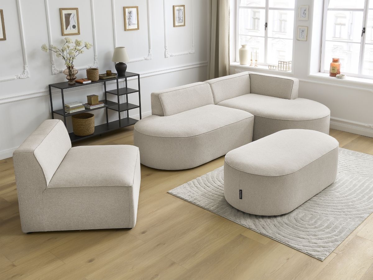 Canapé d'angle fixe modulable ROUSSEAU tissu chiné avec 1 chauffeuse et 1 pouf