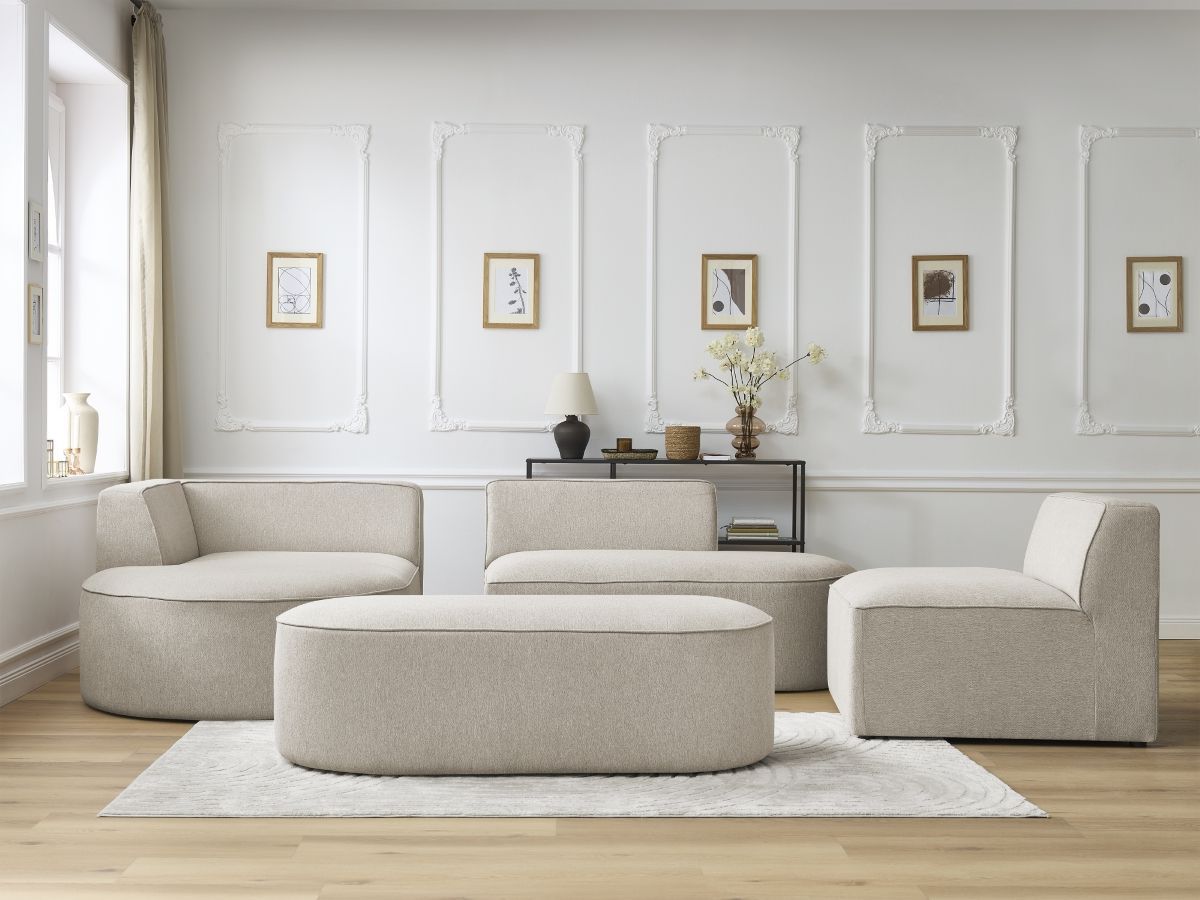 Canapé d'angle fixe modulable ROUSSEAU tissu chiné avec 1 chauffeuse et 1 pouf