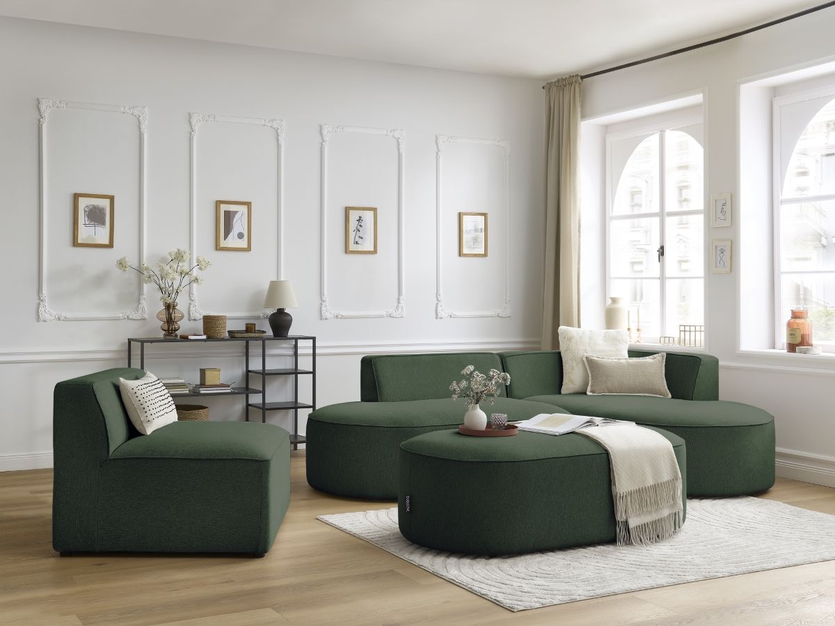 Canapé d'angle fixe modulable ROUSSEAU tissu chiné avec 1 chauffeuse et 1 pouf