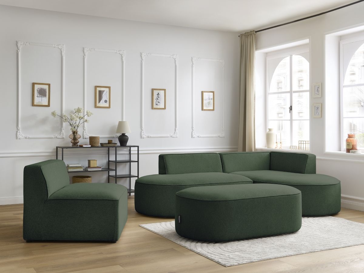 Canapé d'angle fixe modulable ROUSSEAU tissu chiné avec 1 chauffeuse et 1 pouf