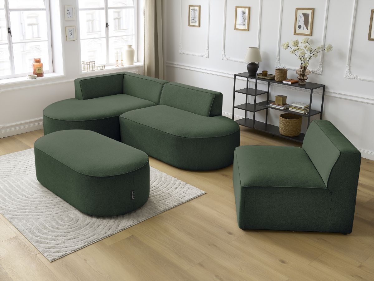 Canapé d'angle fixe modulable ROUSSEAU tissu chiné avec 1 chauffeuse et 1 pouf