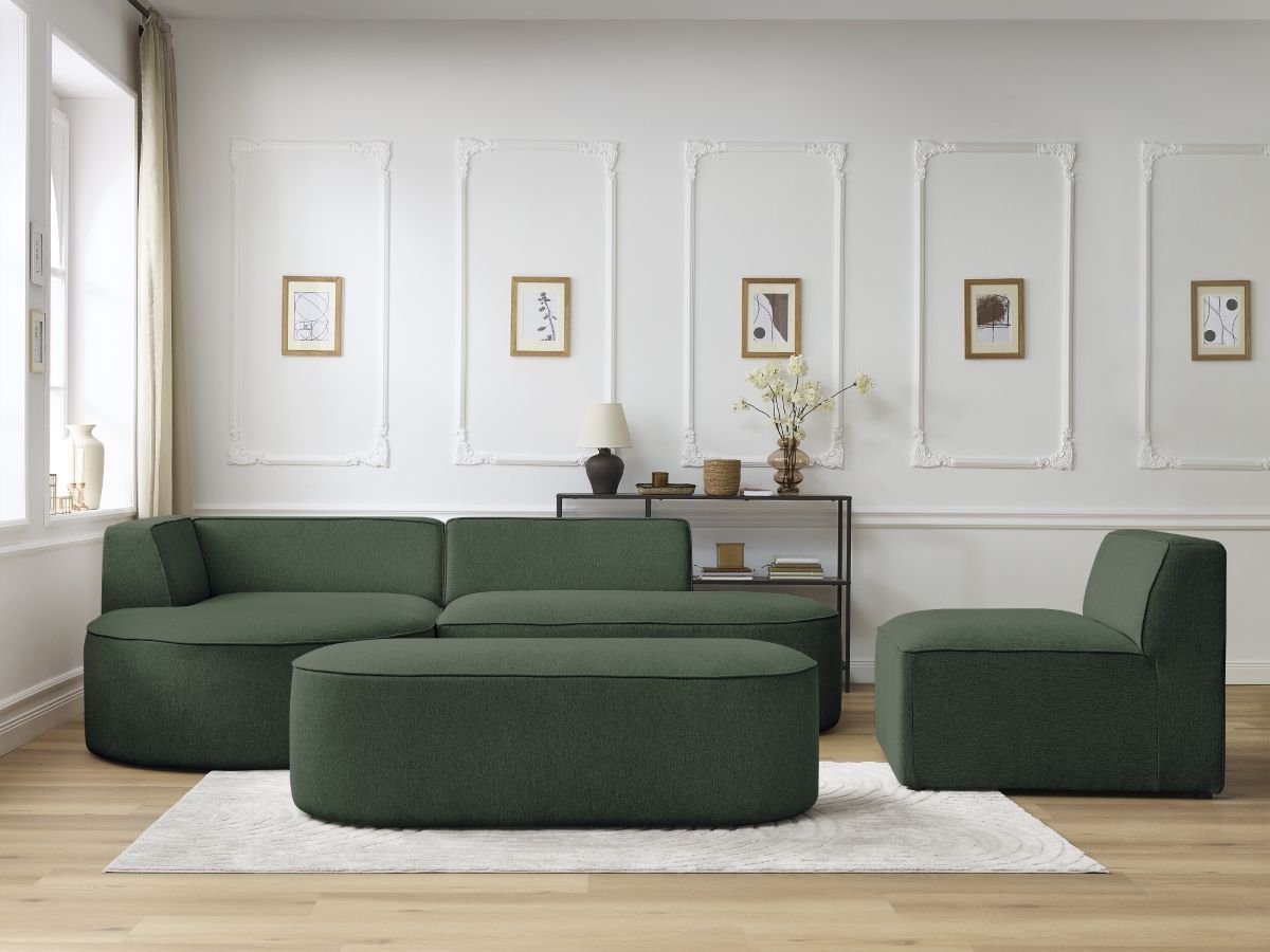 Canapé d'angle fixe modulable ROUSSEAU tissu chiné avec 1 chauffeuse et 1 pouf