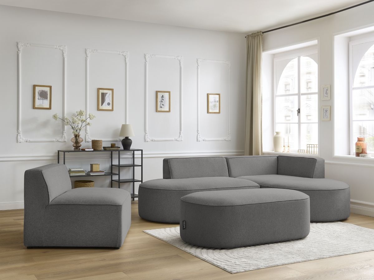 Canapé d'angle fixe modulable ROUSSEAU tissu chiné avec 1 chauffeuse et 1 pouf