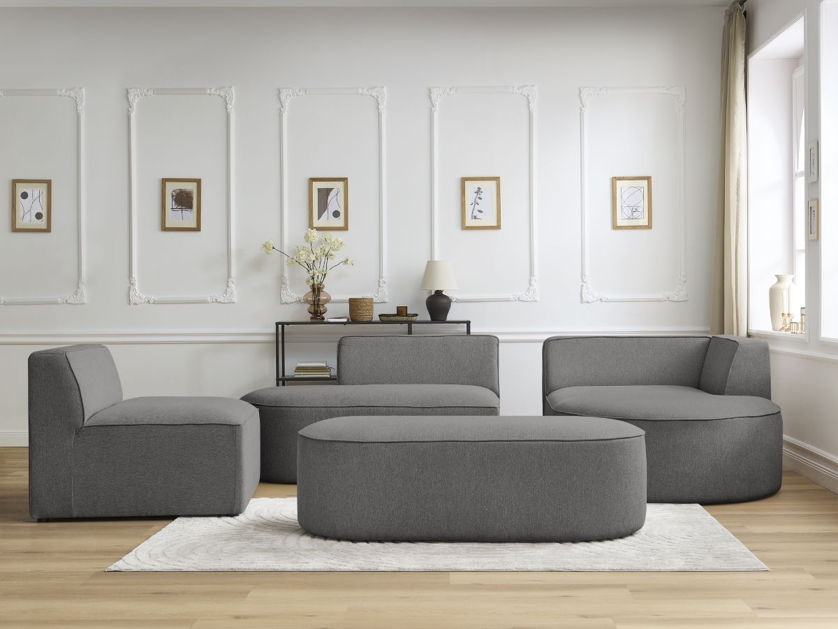 Canapé d'angle fixe modulable ROUSSEAU tissu chiné avec 1 chauffeuse et 1 pouf
