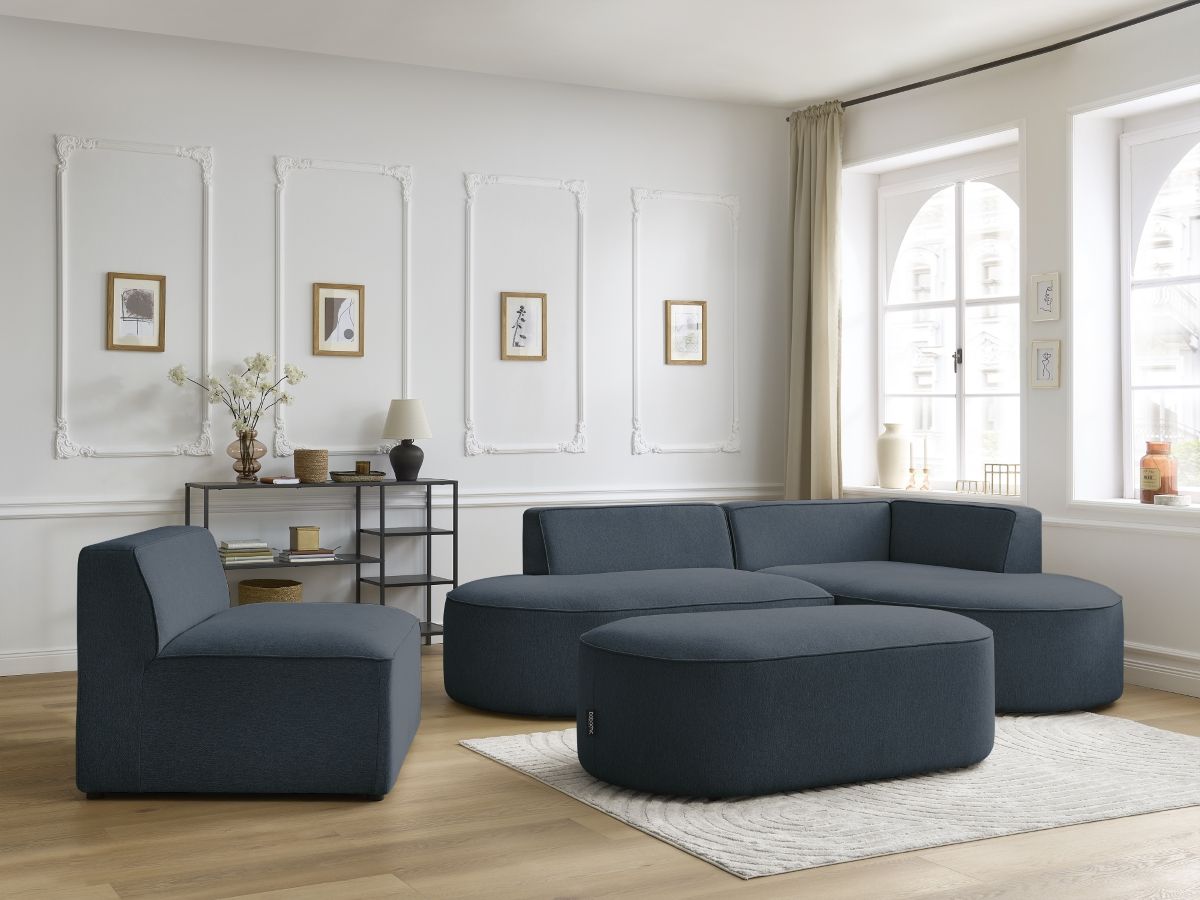 Canapé d'angle fixe modulable ROUSSEAU tissu chiné avec 1 chauffeuse et 1 pouf