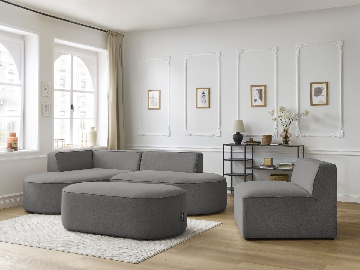 Canapé d'angle fixe modulable ROUSSEAU tissu chiné avec 1 chauffeuse et 1 pouf