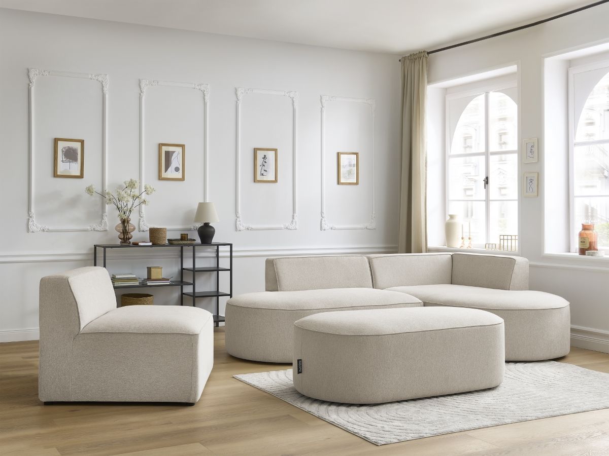 Canapé d'angle fixe modulable ROUSSEAU tissu chiné avec 1 chauffeuse et 1 pouf