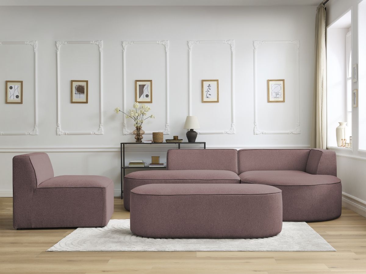 Canapé d'angle fixe modulable ROUSSEAU tissu chiné avec 1 chauffeuse et 1 pouf
