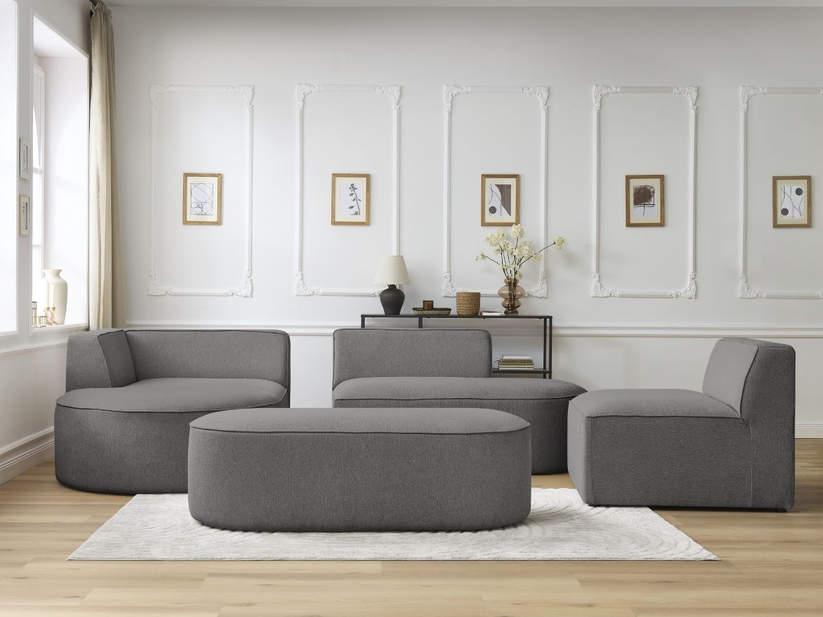 Canapé d'angle fixe modulable ROUSSEAU tissu chiné avec 1 chauffeuse et 1 pouf