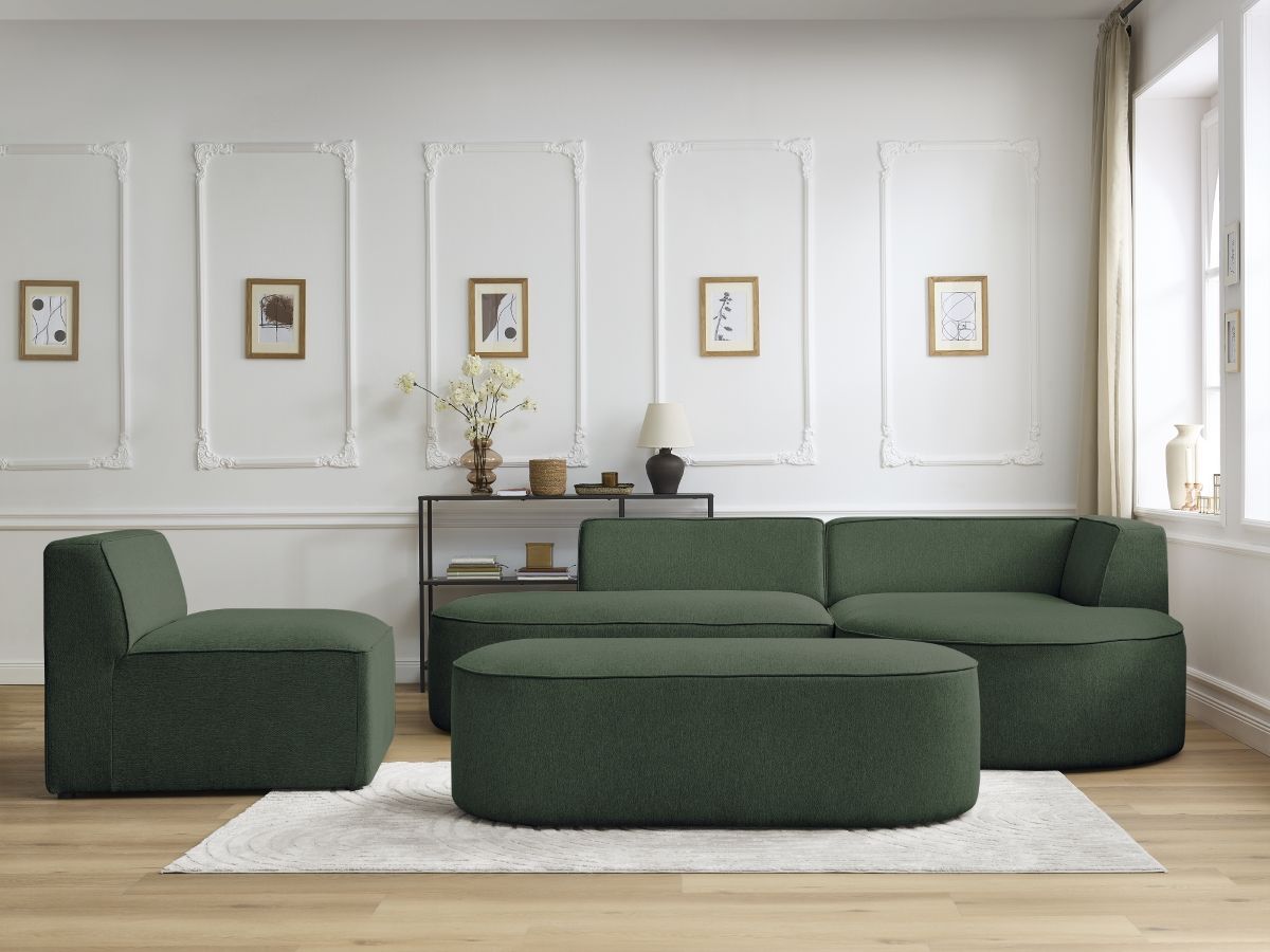 Canapé d'angle fixe modulable ROUSSEAU tissu chiné avec 1 chauffeuse et 1 pouf